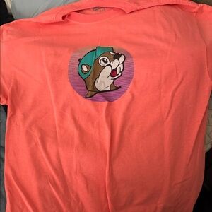 Playful Coral Short Sleeve Tee with Cartoon Graphic